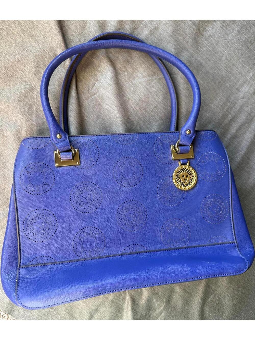 Anne Klein Royal Blue & Gold Shoulder Bag Top Zipper Faux Leather Old Money